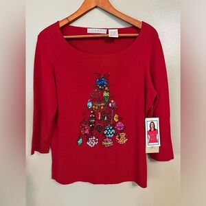 Lucia Burns Womens Red Christmas Embellished Knit Y2K Top Ruby Rub XL NWT